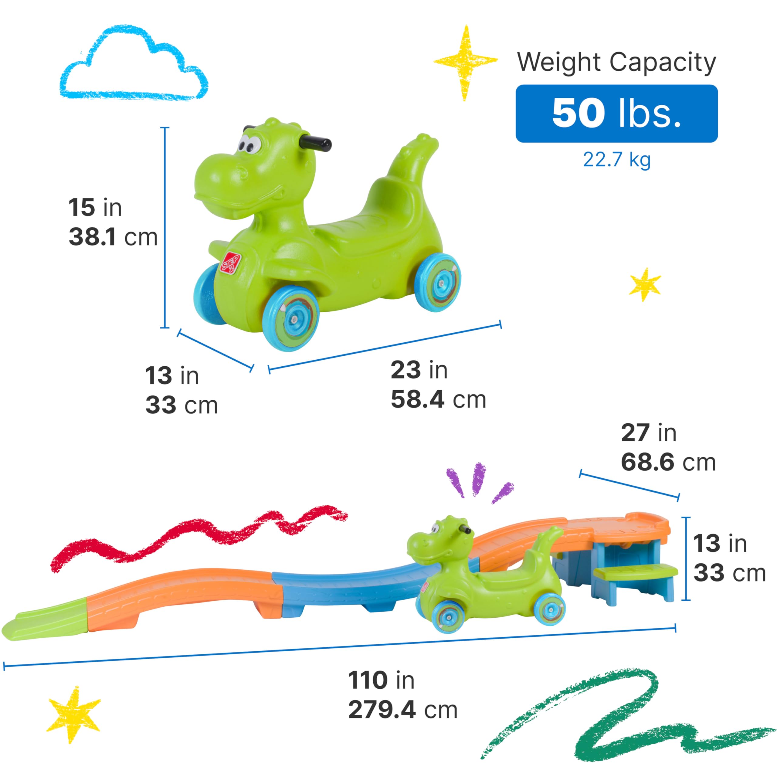 Step2 Dino Dash Up & Down Roller Coaster Toy for Kids, Ride On Push Car, Indoor/Outdoor Playset, Toddler Ages 2-5 Years Old, Compact Storage, Max Weight 50 lb., Green