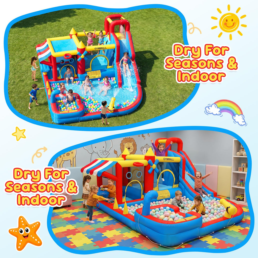 GYMMALL 10-in-1 Bounce House for Kids –Bouncy Castle with Simulated Supermarket, Inflatable Water Slide, Splash Pool, Long Slide, Trampoline and 550W Blower – Ideal for Birthday, Party and Holidays