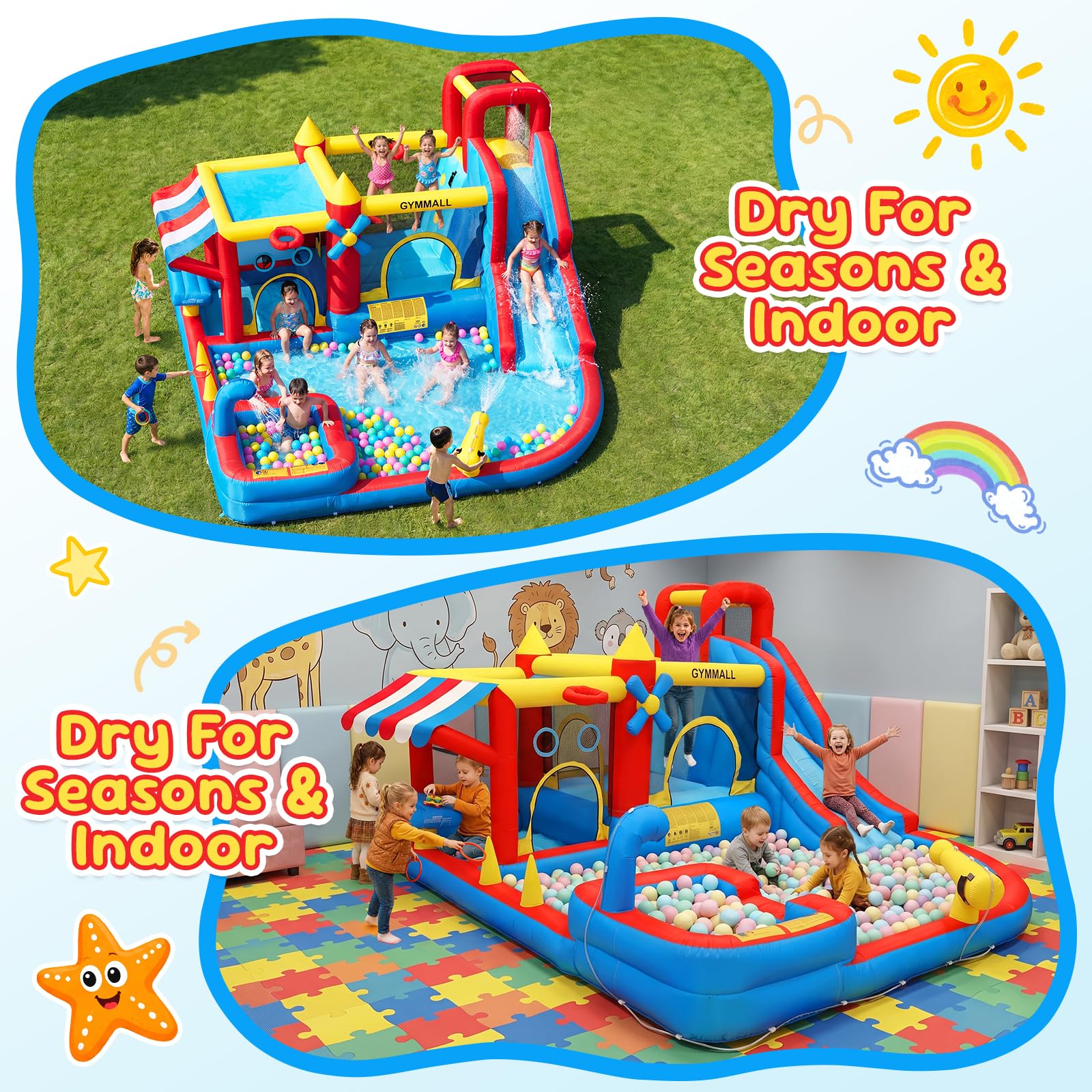 GYMMALL 10-in-1 Bounce House for Kids –Bouncy Castle with Simulated Supermarket, Inflatable Water Slide, Splash Pool, Long Slide, Trampoline and 550W Blower – Ideal for Birthday, Party and Holidays