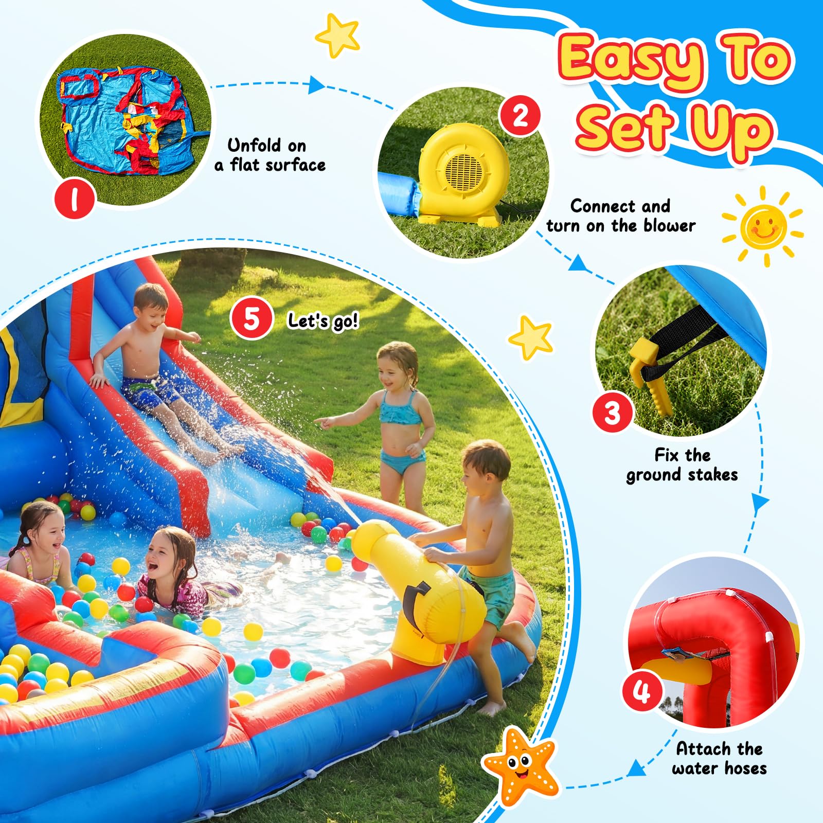 GYMMALL 10-in-1 Bounce House for Kids –Bouncy Castle with Simulated Supermarket, Inflatable Water Slide, Splash Pool, Long Slide, Trampoline and 550W Blower – Ideal for Birthday, Party and Holidays