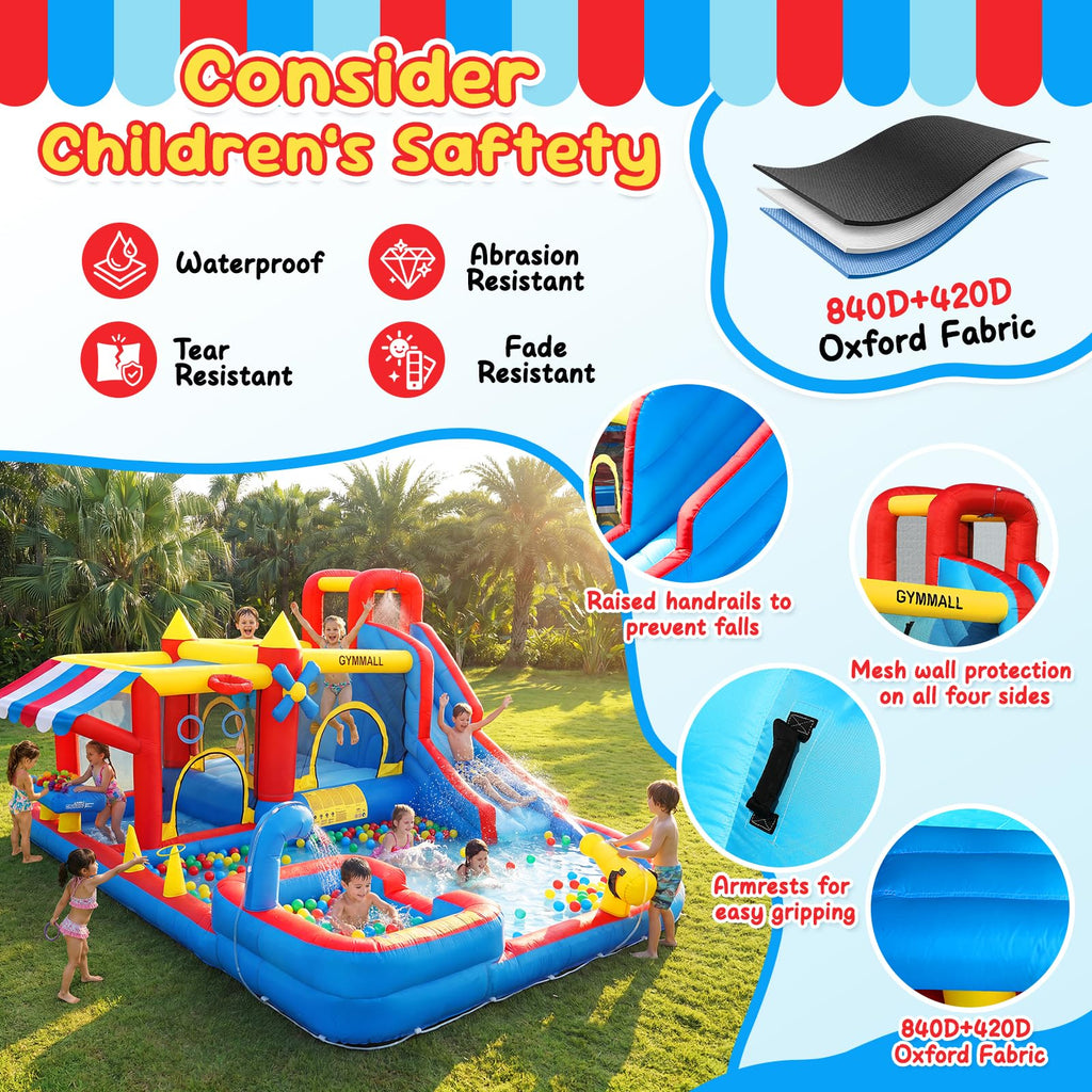 GYMMALL 10-in-1 Bounce House for Kids –Bouncy Castle with Simulated Supermarket, Inflatable Water Slide, Splash Pool, Long Slide, Trampoline and 550W Blower – Ideal for Birthday, Party and Holidays