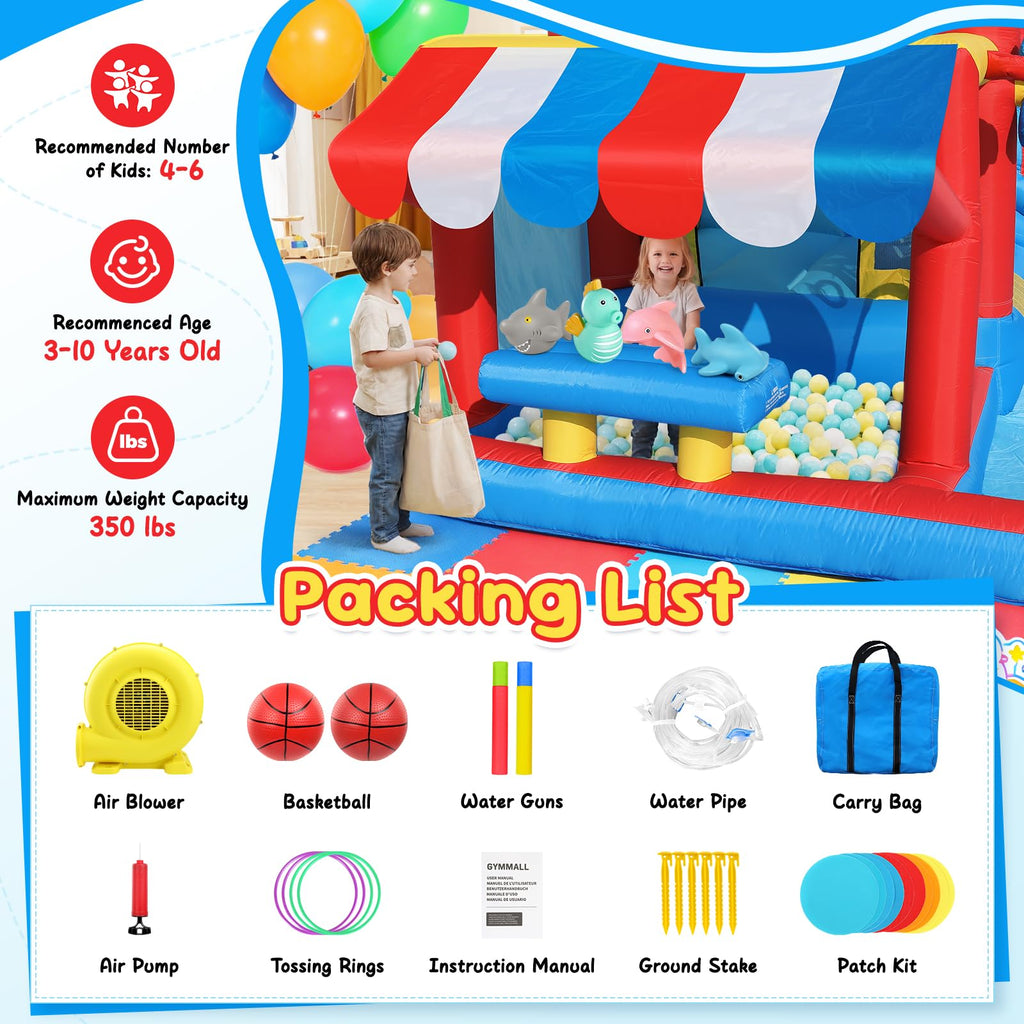 GYMMALL 10-in-1 Bounce House for Kids –Bouncy Castle with Simulated Supermarket, Inflatable Water Slide, Splash Pool, Long Slide, Trampoline and 550W Blower – Ideal for Birthday, Party and Holidays