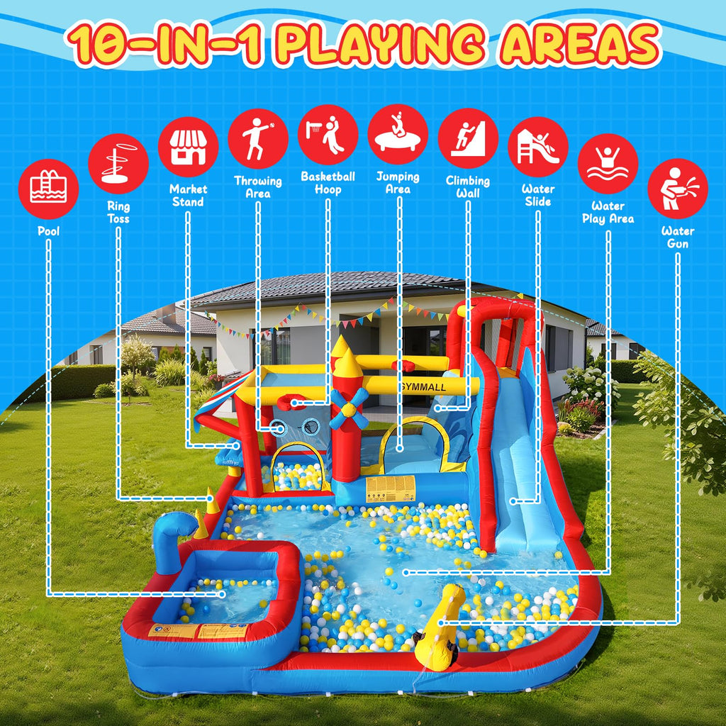 GYMMALL 10-in-1 Bounce House for Kids –Bouncy Castle with Simulated Supermarket, Inflatable Water Slide, Splash Pool, Long Slide, Trampoline and 550W Blower – Ideal for Birthday, Party and Holidays
