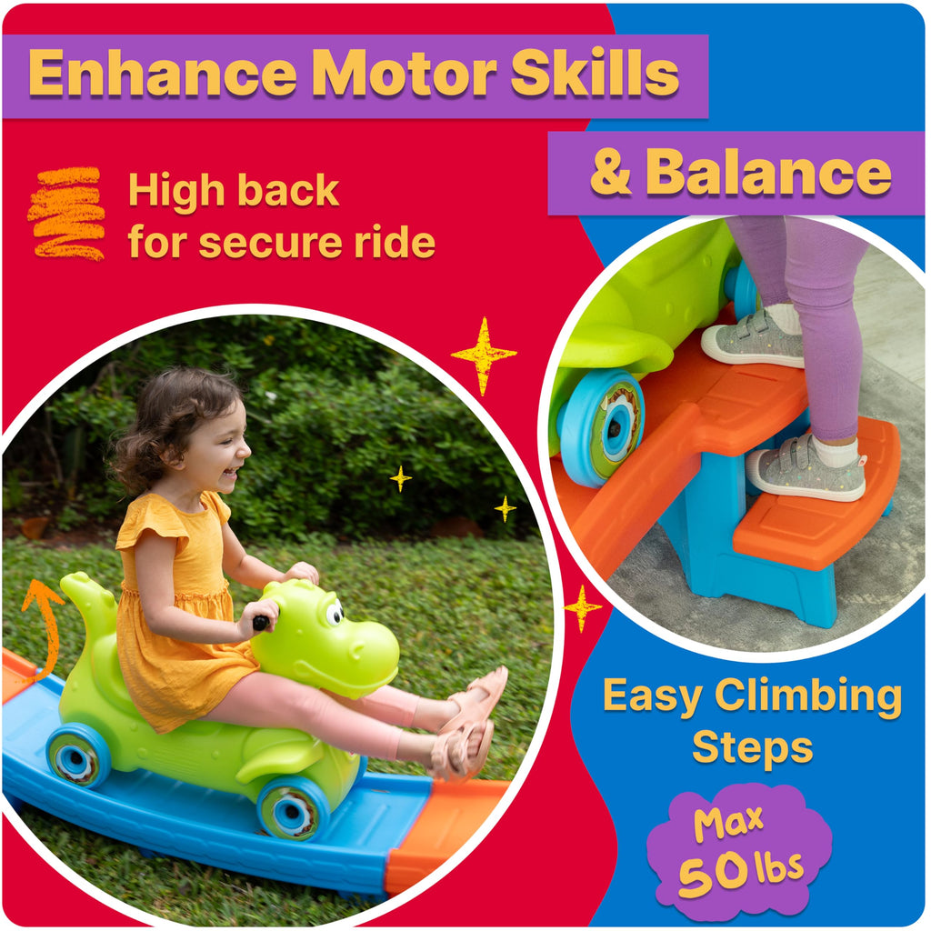 Step2 Dino Dash Up & Down Roller Coaster Toy for Kids, Ride On Push Car, Indoor/Outdoor Playset, Toddler Ages 2-5 Years Old, Compact Storage, Max Weight 50 lb., Green