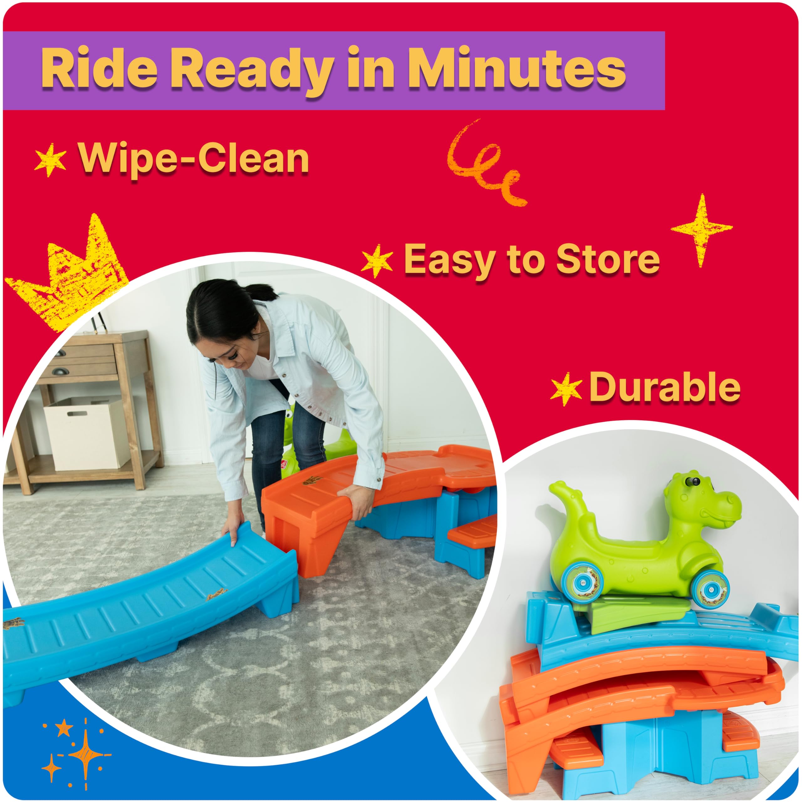 Step2 Dino Dash Up & Down Roller Coaster Toy for Kids, Ride On Push Car, Indoor/Outdoor Playset, Toddler Ages 2-5 Years Old, Compact Storage, Max Weight 50 lb., Green