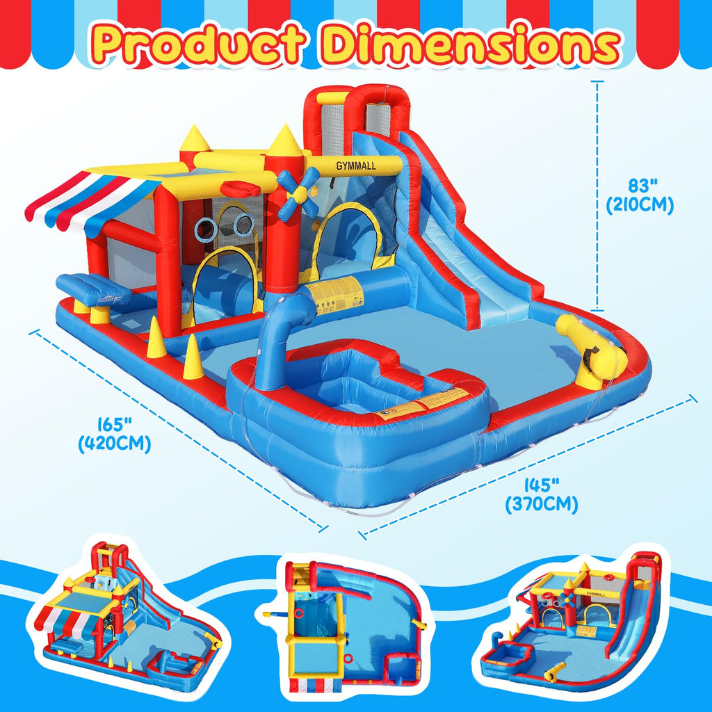 GYMMALL 10-in-1 Bounce House for Kids –Bouncy Castle with Simulated Supermarket, Inflatable Water Slide, Splash Pool, Long Slide, Trampoline and 550W Blower – Ideal for Birthday, Party and Holidays