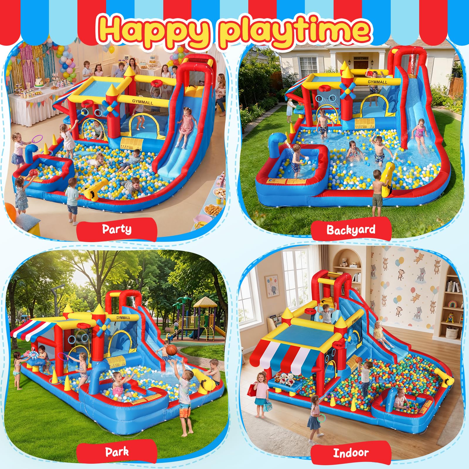 GYMMALL 10-in-1 Bounce House for Kids –Bouncy Castle with Simulated Supermarket, Inflatable Water Slide, Splash Pool, Long Slide, Trampoline and 550W Blower – Ideal for Birthday, Party and Holidays